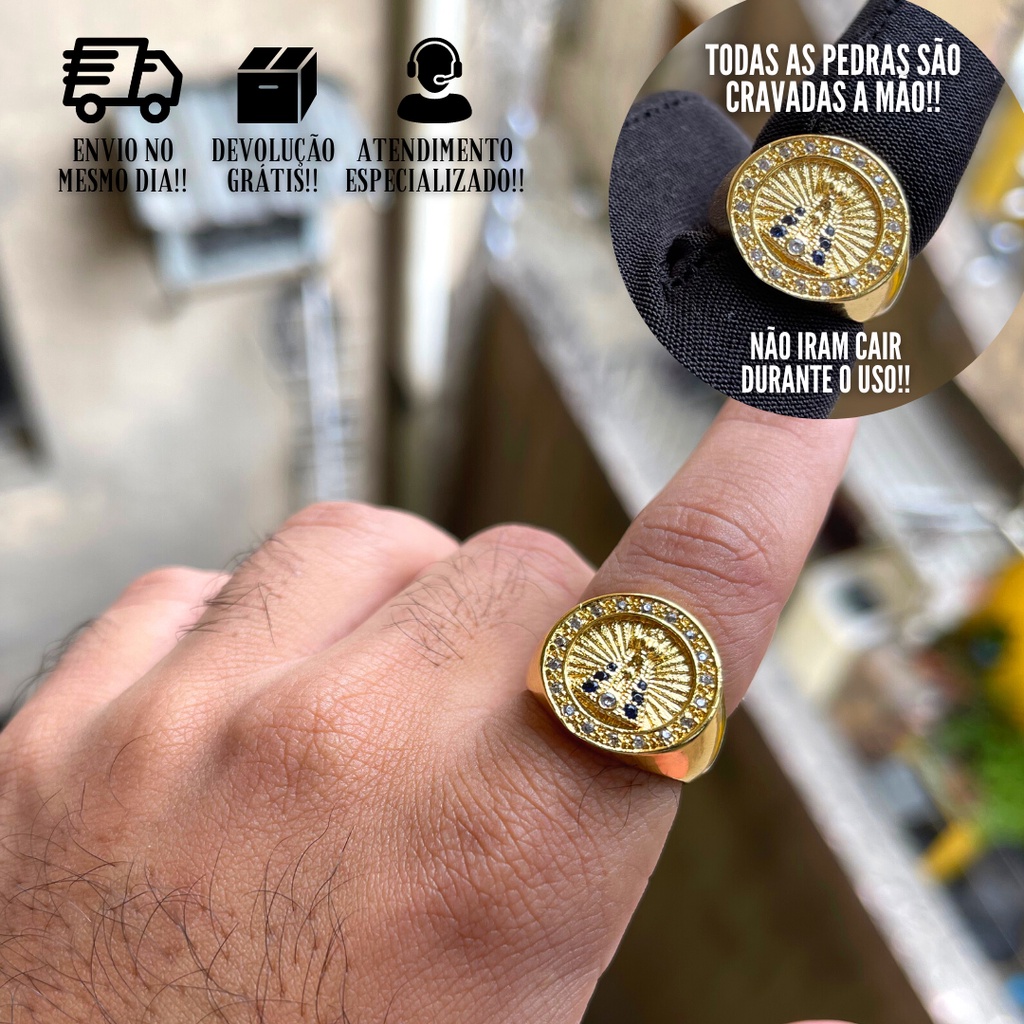Anel Masculino De Ouro Nossa Senhora Aparecida Banhado a Ouro 24k Anel Com Pedras Dedeira