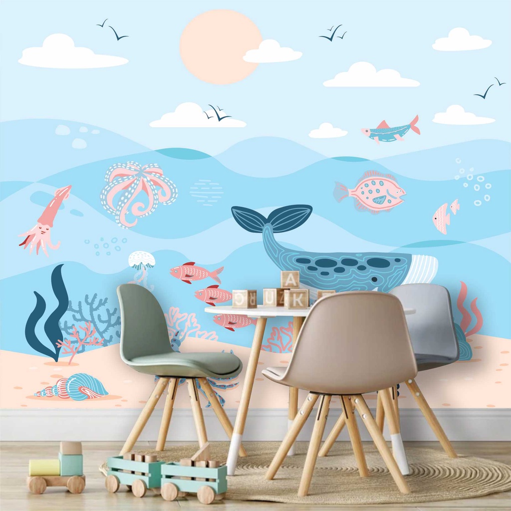 Papel De Parede Infantil Fundo Do Mar Baleia Peixes Marinheiro Náutico Painel Adesivo G1007