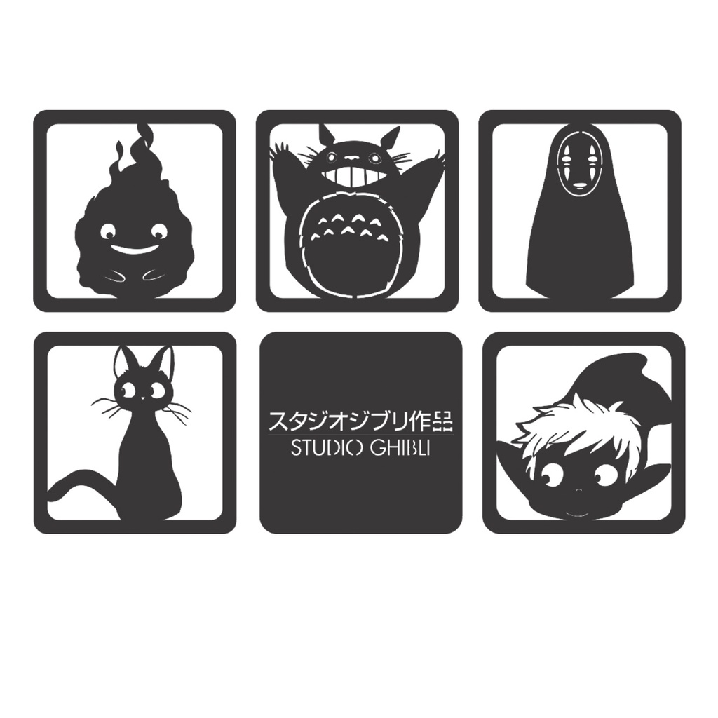 Kit 6 Quadros Decorativos Studio Ghibli MDF Preto Fosco