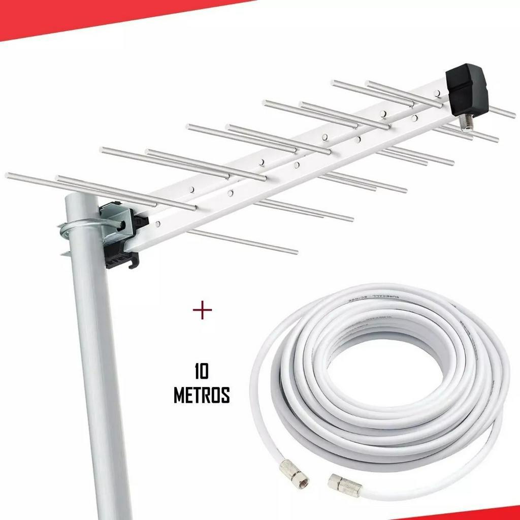 Kit Instalação de Antena Externa Digital UHF HDTV 16 Elementos + 10 Metros de Cabo RG59