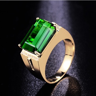 Novo Estilo Dominador Esmeralda Pedra Preciosa Retangular 18K Anel Dourado Masculino