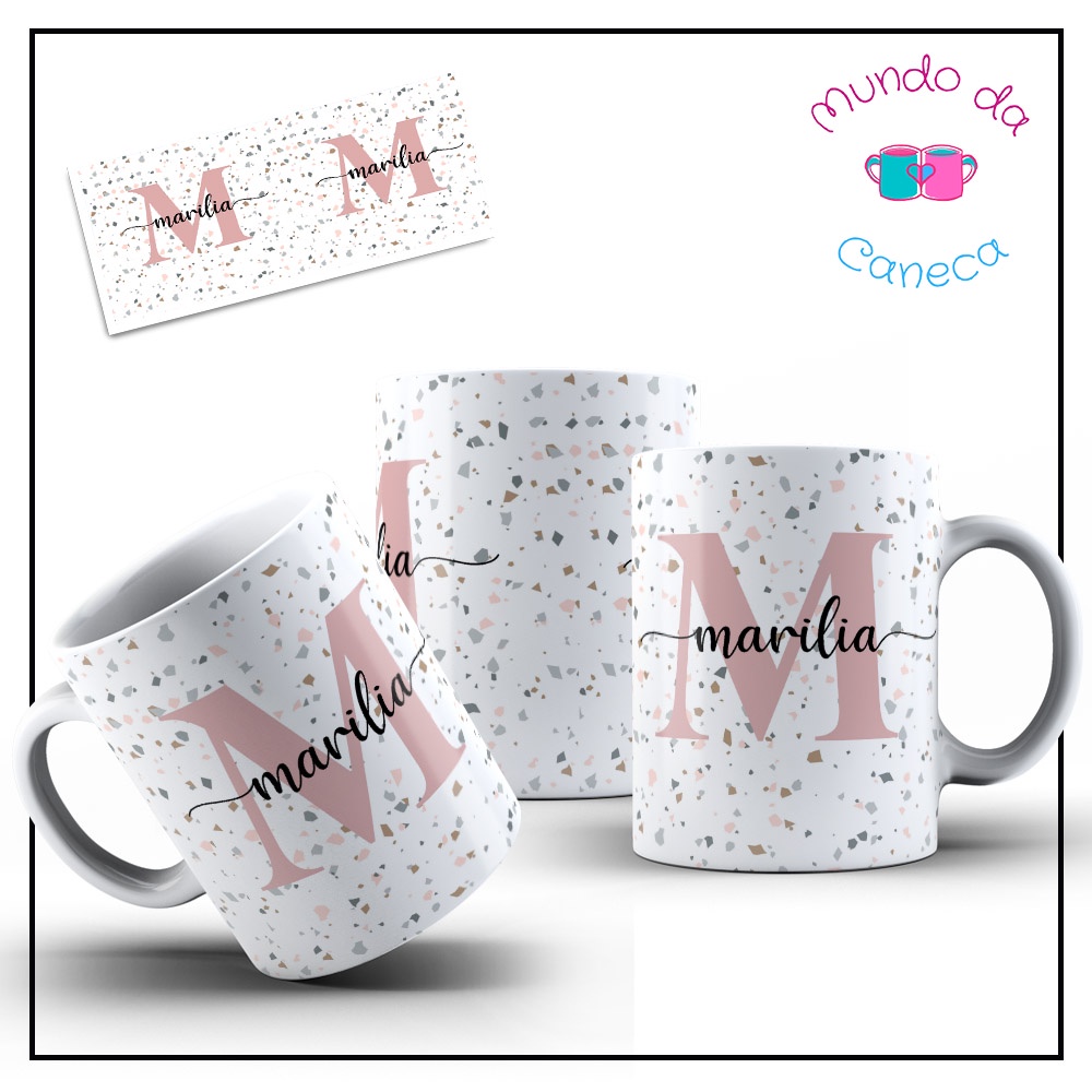 Caneca Personalizada com Inicial e seu Nome de Porcelana no Fundo Granilite -  Temos Todas Iniciais