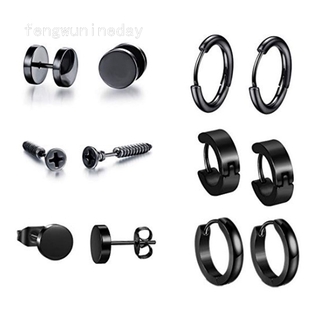 Conjunto 6 Pares Brinco Stud De Aço Inoxidável Preto Para Masculino