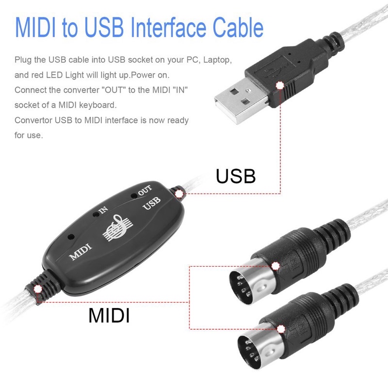 Adaptador Conversor USB 2.0 para Midi 5 pinos para Pedaleira com 1.5 metros