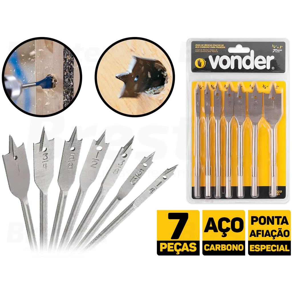 Jogo De Brocas Chatas Para Madeira Kit Com 7 Peças Vonder