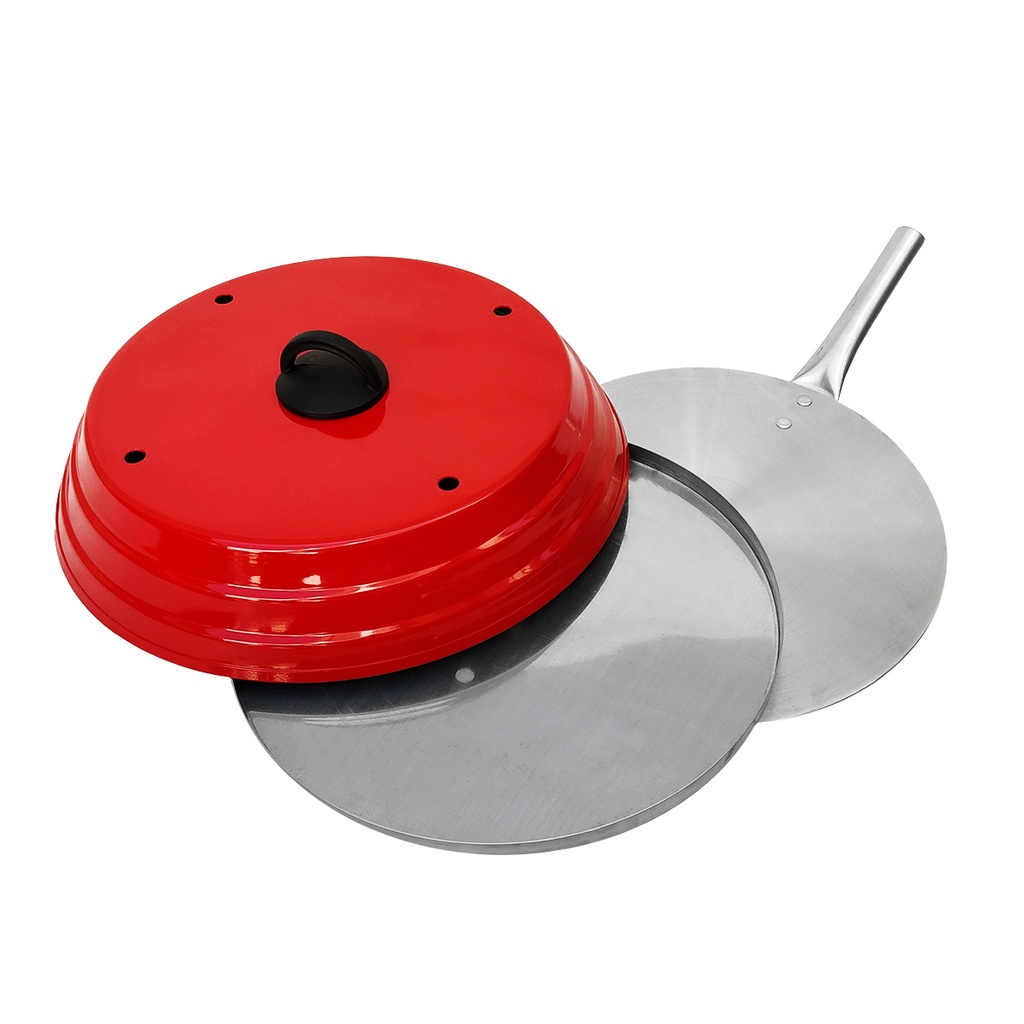 Kit Pizza Para Churrasqueira Com Pá de Pizza Forma Redonda 35 cm e Abafador Vermelho Forno Fogão a gás Pizzaria Grelha