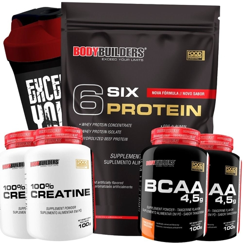 Kit Exclusivo 6 Six Protein 2kg + 2x BCAA 100g + 2x Creatina 100g + Coqueteleira – Bodybuilders