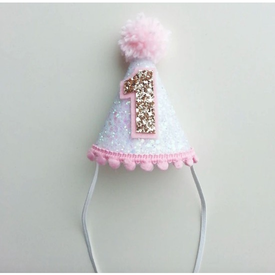 Mini Chapéu parabens em glitter Branco e rosa, Chapéu parabens personalizado