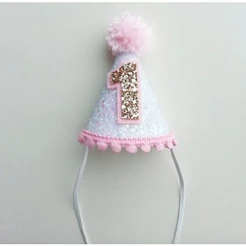 Mini Chapéu parabens em glitter Branco e rosa, Chapéu parabens personalizado