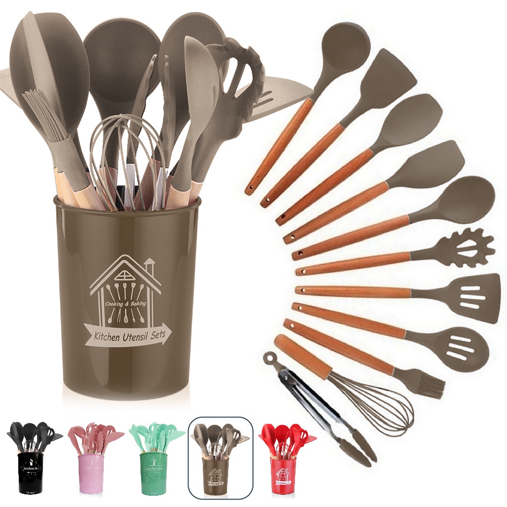Kit Jogo De Cozinha Silicone 12 Peças Utensílios Deluxe Com Cabo De Madeira Linha Premium