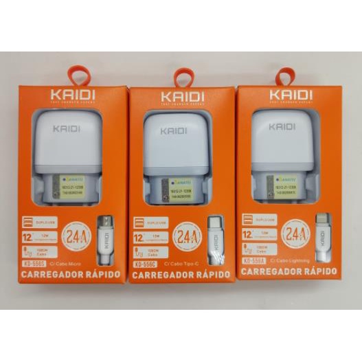 Carregador 2.4A 2 USB Com Cabo V8(Micro USB)/Tipo C/iPhone KAIDI KD-556