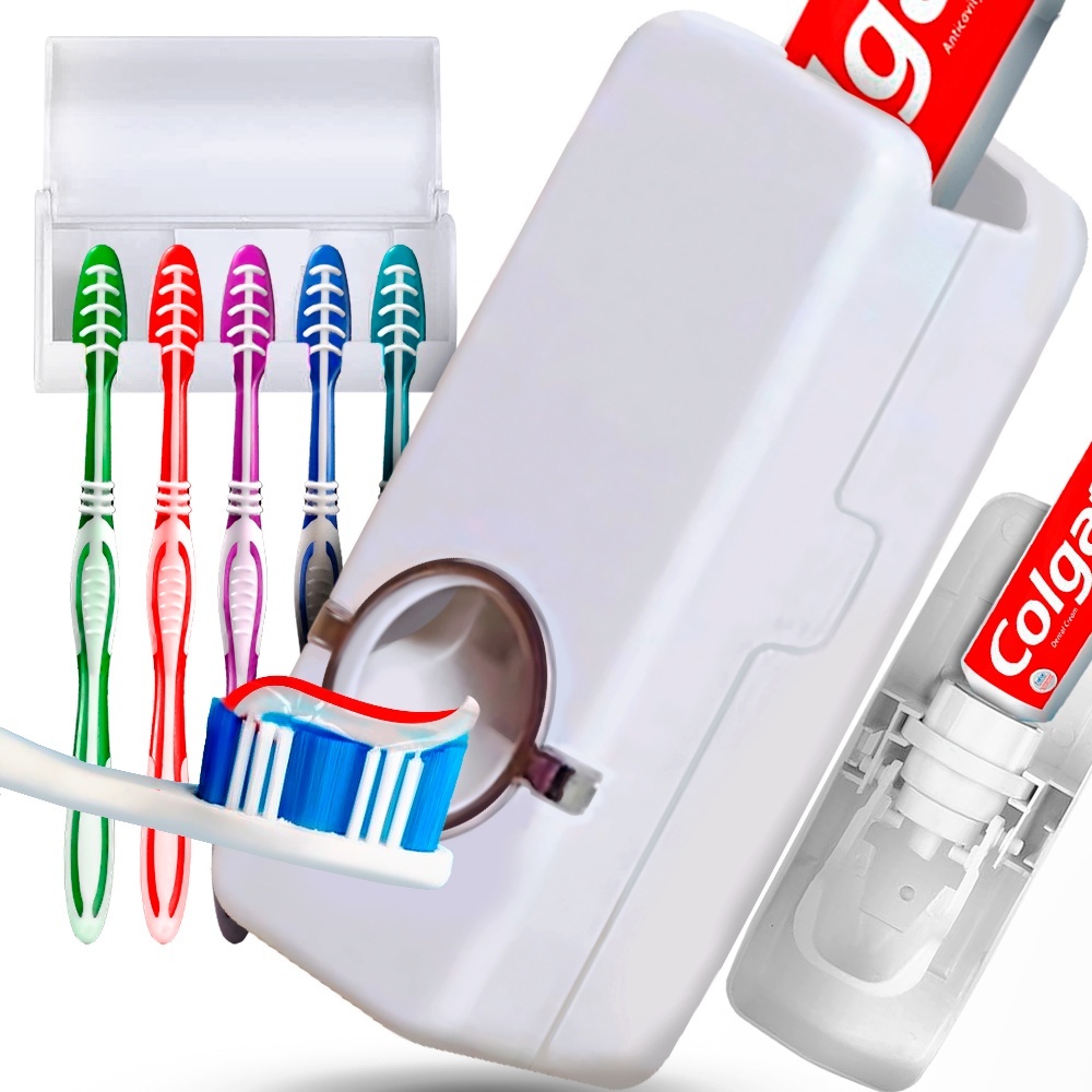 Dispenser de Creme Dental Pasta de Dente com Porta Escovas Escorrega