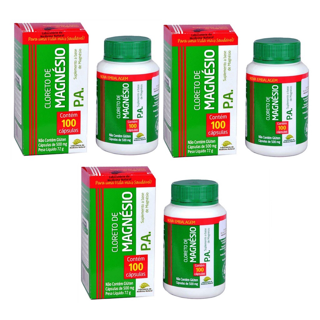 Kit Cloreto de Magnésio PA 500mg  Medinal 100Caps - 3 Unidades em Oferta na Shopee