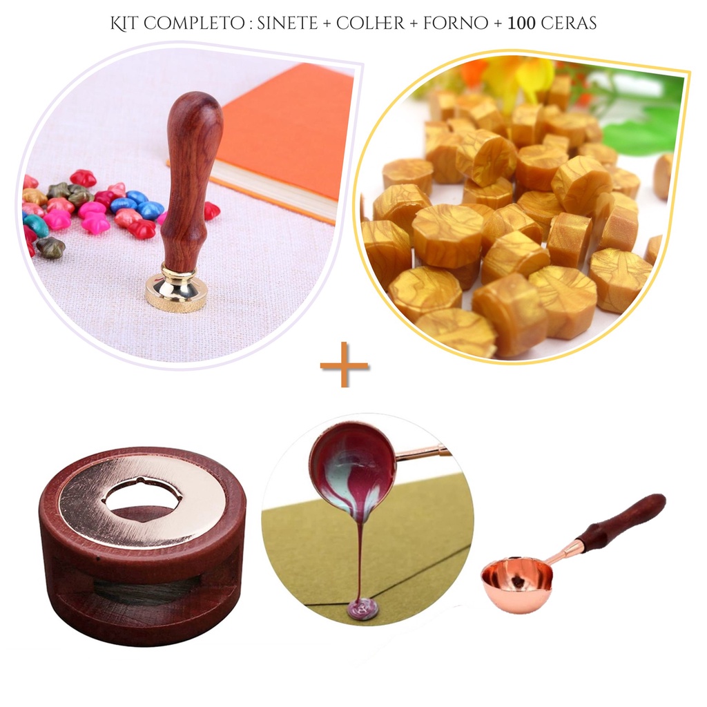 Kit  completo  Sinete Para Lacre: 1 Sinete  + 1 Colher + 1 Forno + 100 Ceras Em Bolinhas + Vela