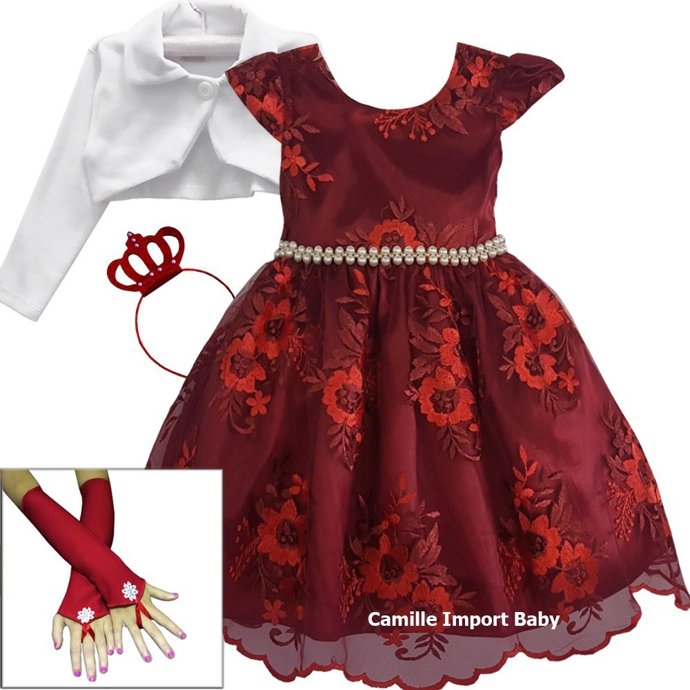 Vestido Festa Aniversario Casamento Marsala Princesa Daminha Realeza Com Bolero,Luvas e Tiara de Coroa.