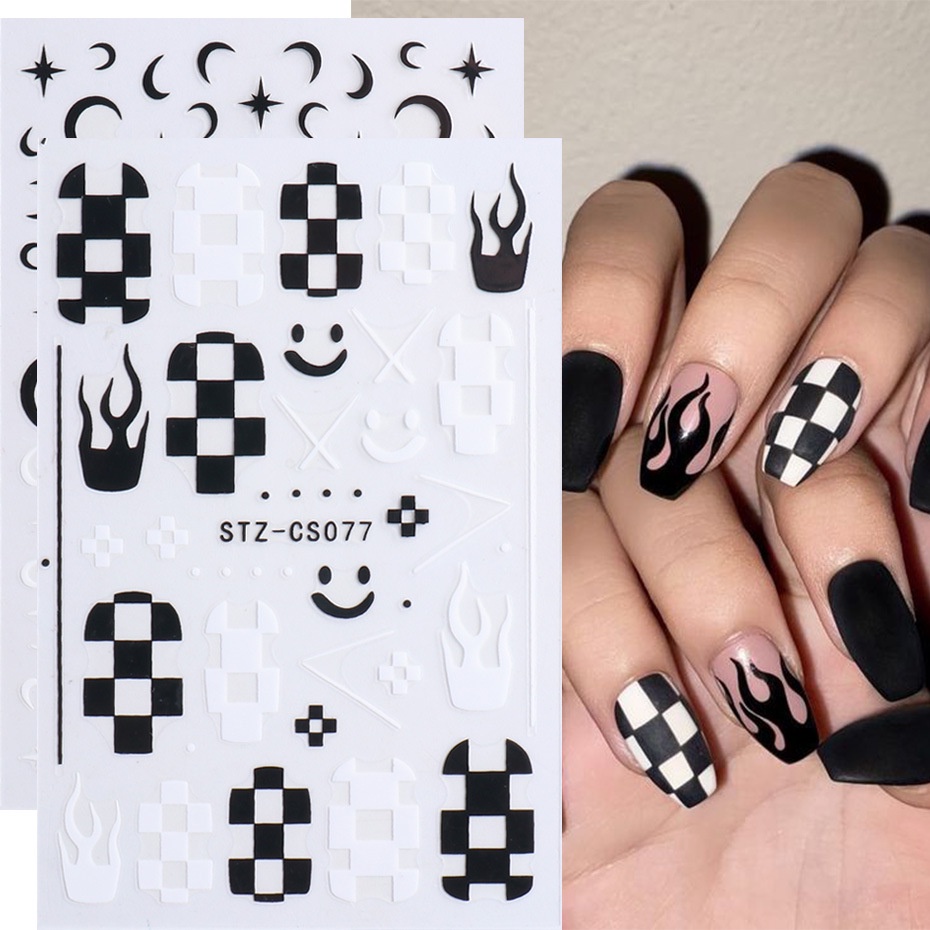 Decalques De Arte De Unhas Tabuleiro De Verificação Smiley Flame Back Adesivos