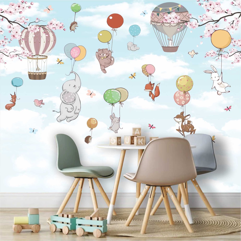 Papel De Parede Infantil Balão Nuvem Elefante Urso Zoo Safari Painel Adesivo G1082