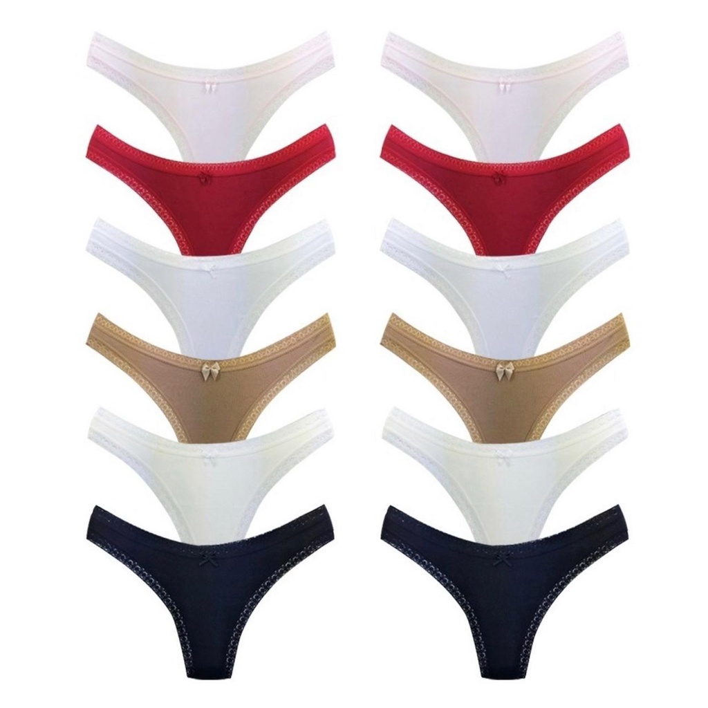 Calcinha Fio dental Algodão Cotton Lisa detalhe em renda Kit 6 Peças