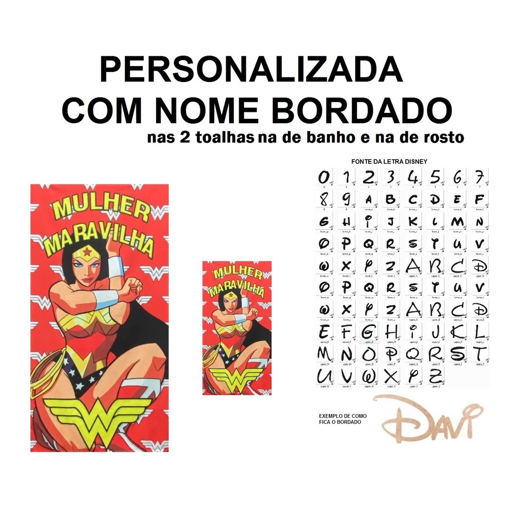 PERSONALIZADA NOME BORDADO kit Toalha de Banho Infantil Mulher Maravilha + Toalha de Rosto