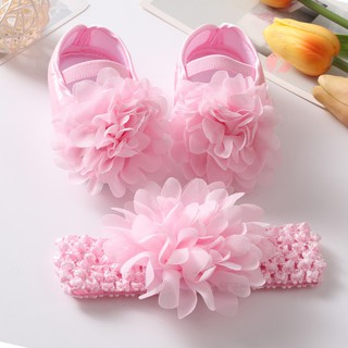 Conjunto De Faixa De Cabelo / Sapato Infantil Feminino De Cetim Com Laço E Sola Flexível