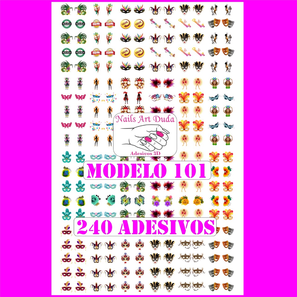 240 adesivos de unha 3D PRÉ PRONTO carnaval máscara heineken brahma skol (4 cartelas com 60 unidades) - modelo 101
