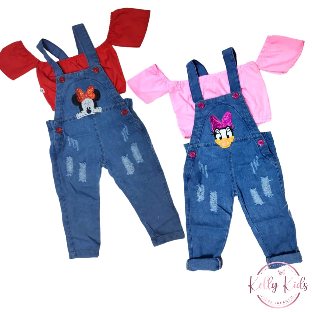 conjunto Jardineira Macacão calça jeans infantil com cropeed ciganinha
