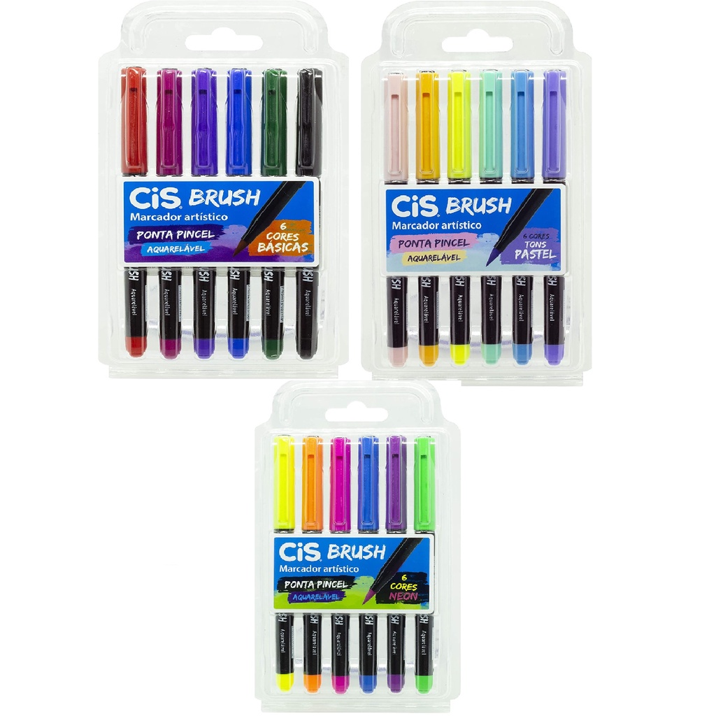 Marcador Artístico Aquarelável CIS Brush Estojo com 6 Cores, Ponta Pincel Aquarelável, Neon, Pastel e Básicas