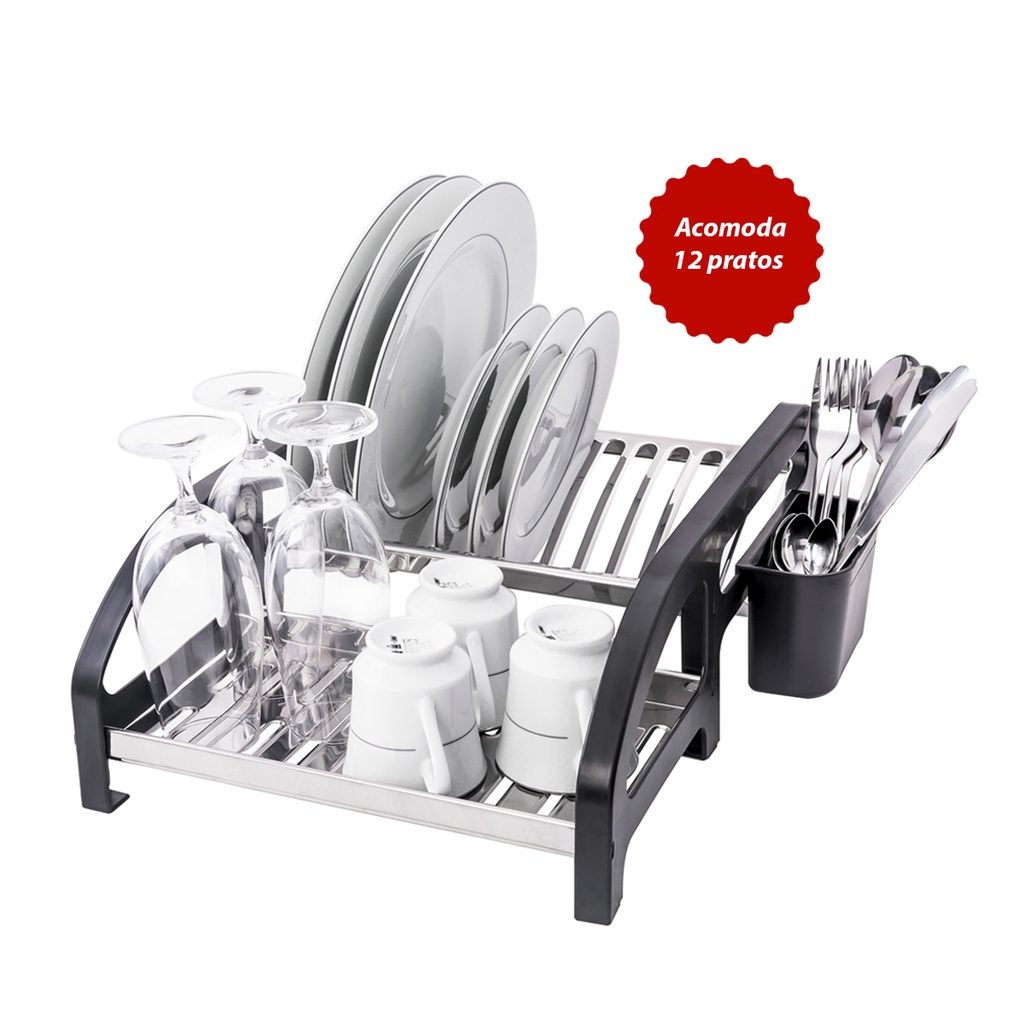Escorredor 12 pratos Inox Cama Preto | Shopee Brasil