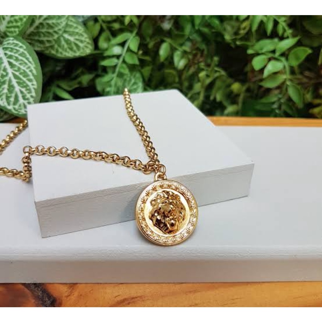 Colar Corrente Feminino Elos Português com Pingente Medalha Leão Folheado Ouro 18K Dourado Tendência
