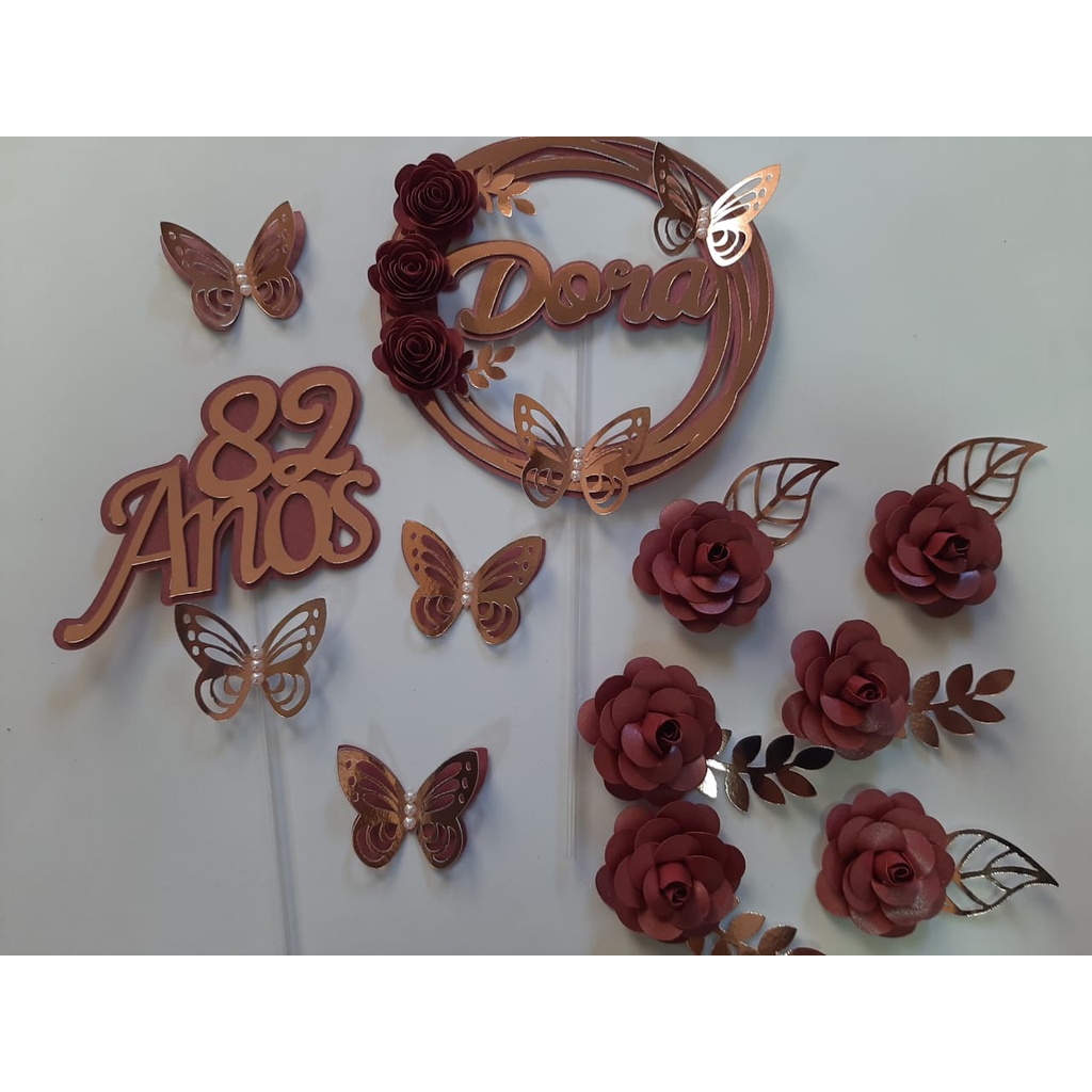 Topo de Bolo Flores na cor Marsala personalizado | Shopee Brasil