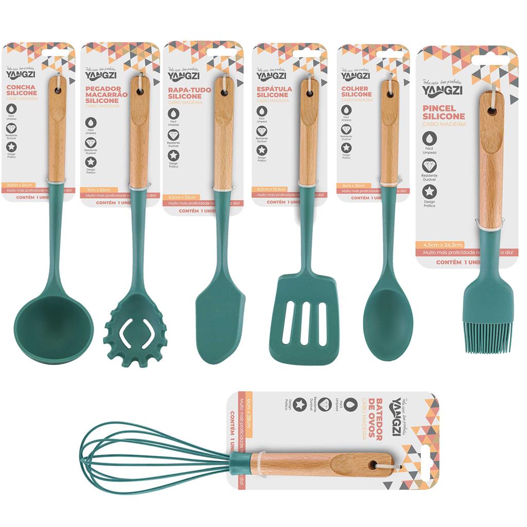 Jogo De Colheres De Silicone Cabo Madeira Utensilios Yazi 7 Pecas Sem Bpa