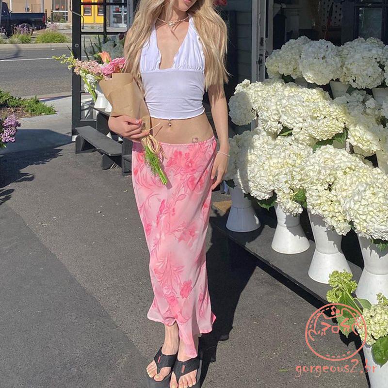 ♔GR❀Women Summer Floral Straight Loose Slimming Low Waist Skirt
