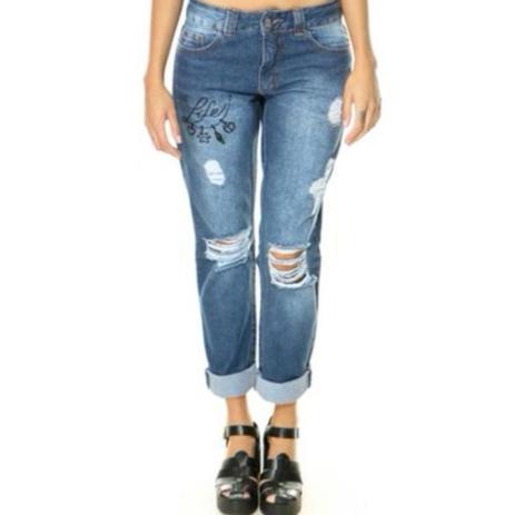 Calça Boyfriend Jeans Destroyed Bordada Lady Rock