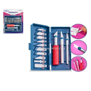 kit 17 peças estilete de precisão 13 laminas e 3 cabos lanmax + CAIXA ORGANIZADORA=ESTOLO em Oferta na Shopee