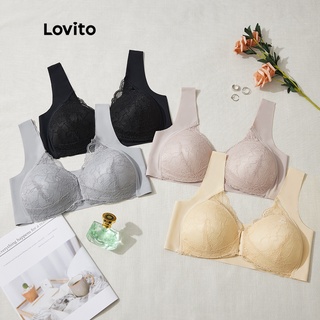 Lovito Sutiã Plus Size Casual Liso em Renda Contraste Frontal 3/4 Cobertura Sem Almofadas L31ED031 (Pasta De Feijão/Cor De Pele/Preto/Cinza De Prata)