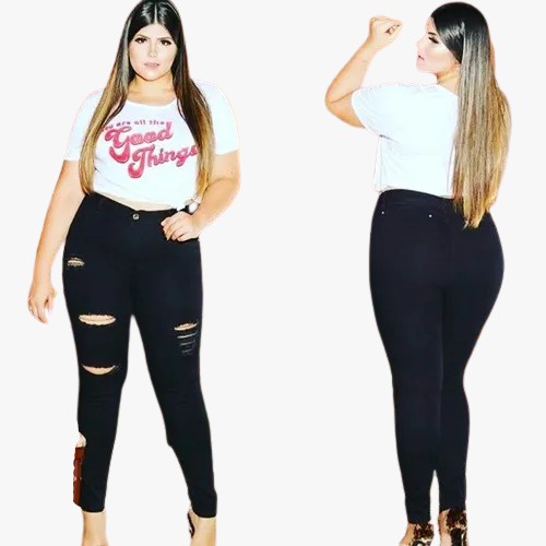 Calça Jeans Feminina Rasgada Bem Justinha Levanta Bumbum Veste 46 48 50 52 54 Calça De Cintura Alta