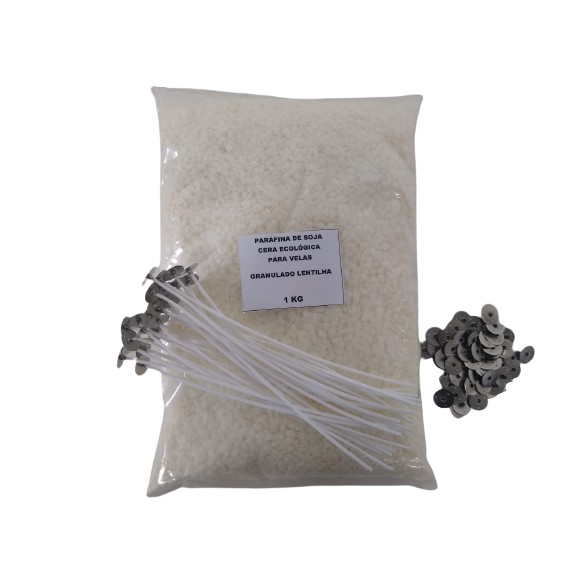 Kit - 1 Kg - Parafina de Soja Vegetal Ecológica  + Pavio + Ilhoses decoração Cera Mix Eco Lentilha P Velas Artesanato