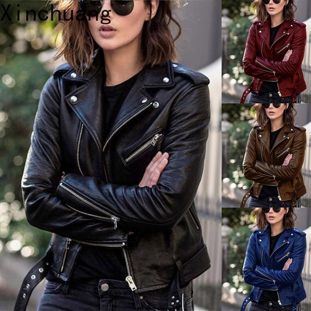 Jaqueta De Couro Sintético Feminina Slim Com Zíper/Moto em Oferta na Shopee