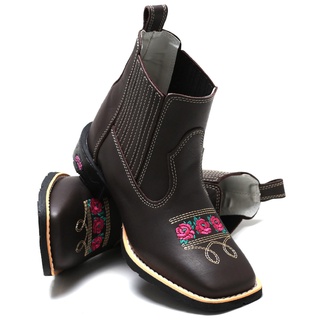 Bota Cano Curto Feminina Texana Coutry Flores Bico Quadrado