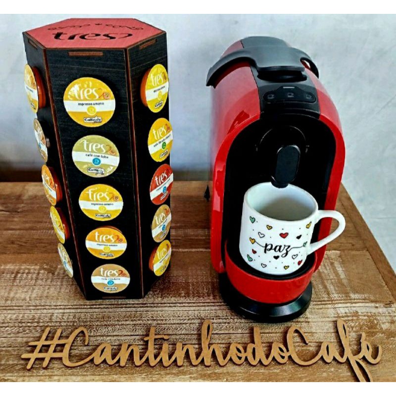 Porta Cápsulas café torre sextavada decoração TRÊS CORAÇÕES mdf pintado preto 30 cápsulas