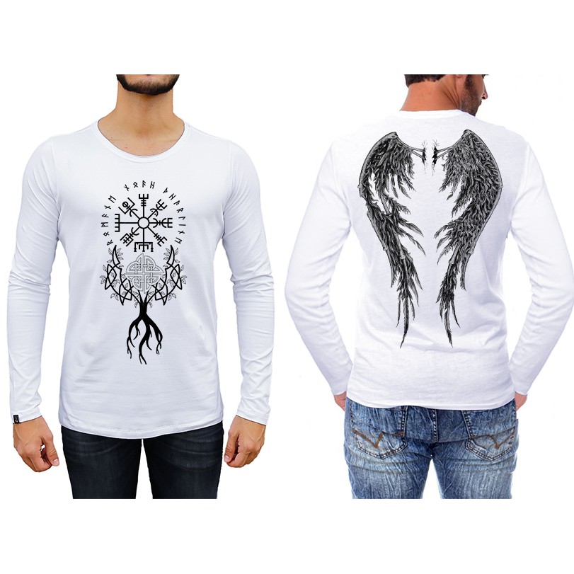 Camiseta Masculina Manga Longa Segunda Pele UV Slim fitness Dry fit Asas de Anjo Vikings Tattoo Sport confortável