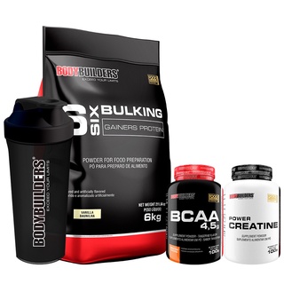 Kit Hipercalórico 6 Six Bulking Gainers Protein 6kg + BCAA 4,5 100g + Power Creatina 100g + Coqueteleira - Aumento de Massa Muscular – Bodybuilders