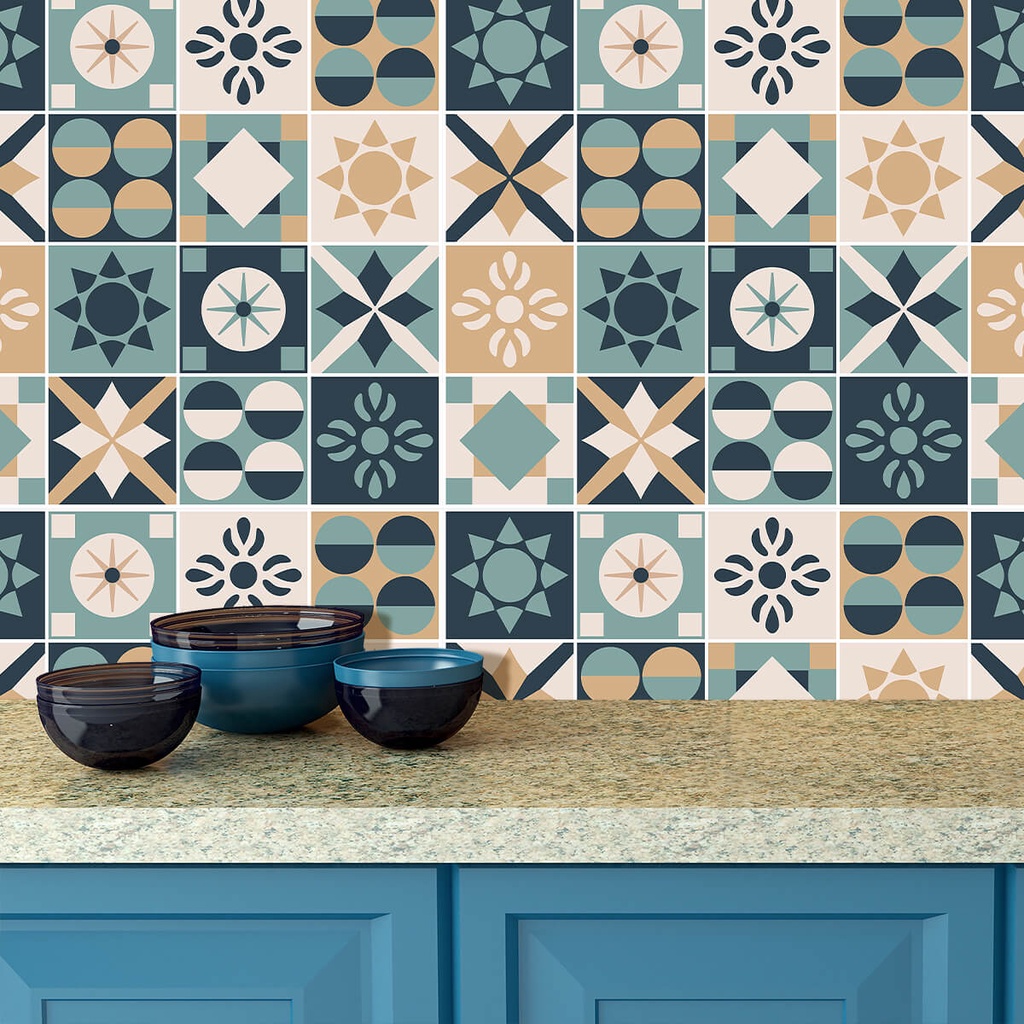 Adesivo de Azulejo Hidraulico Bege, Azul e Verde 2,70m em Oferta na Shopee