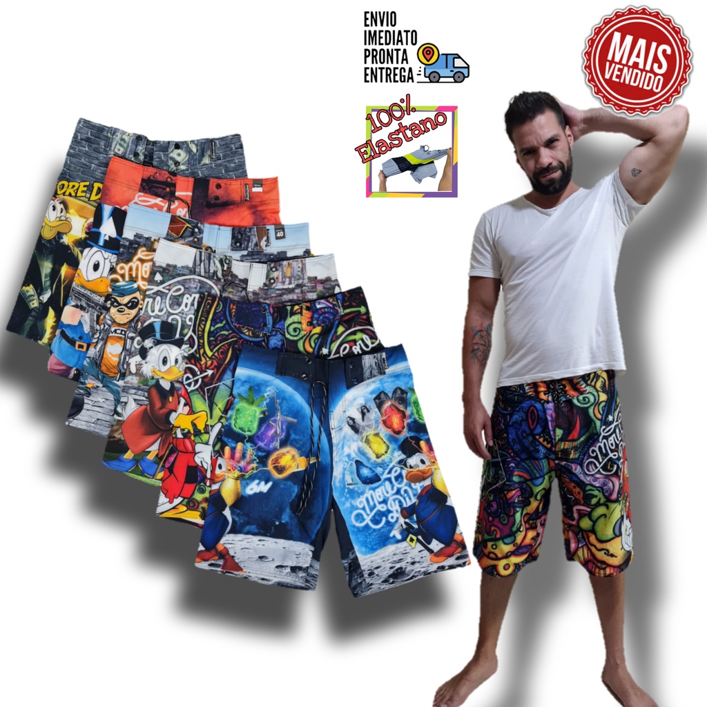 Kit 2 Bermudas Tio Patinhas e Irmão Metralha Elastano Tactel Pano molinho seca Rápido de Quebrada com desenho 244 Novidade Promoção atacado envio frete Grátis verão Chavoso