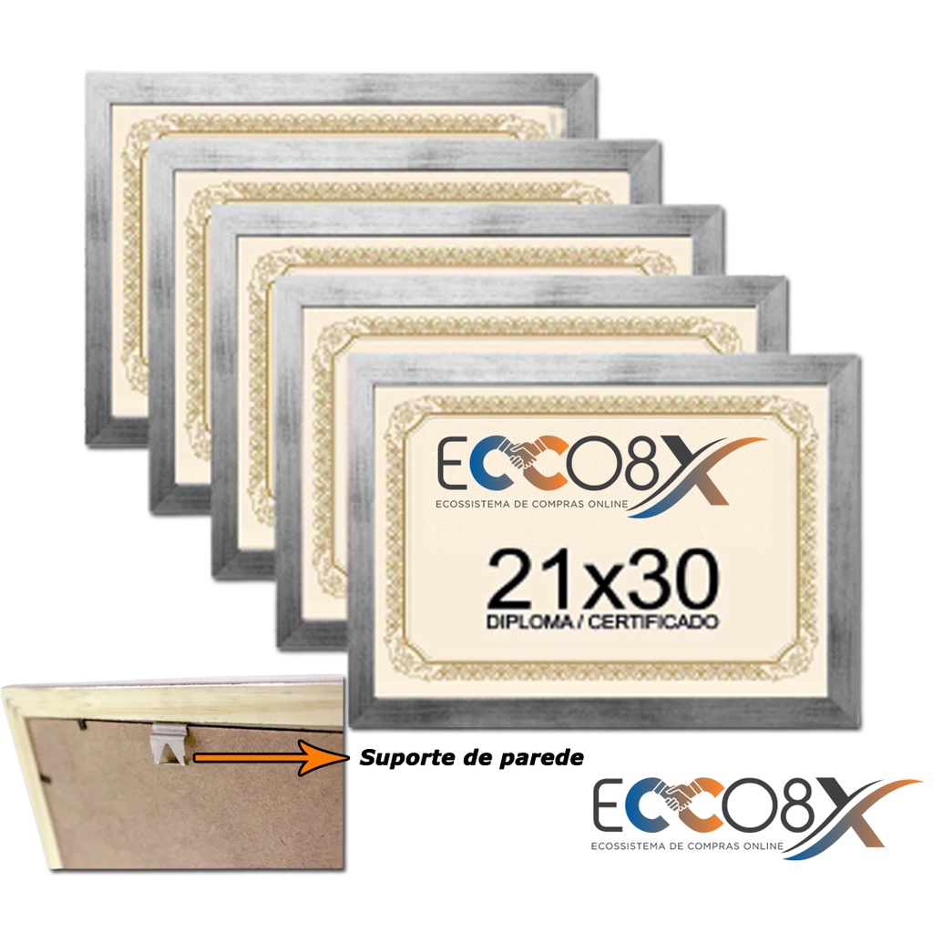 Kit 5 Molduras Porta Diploma Certificado 21x30 A4 Prateado com Vidro