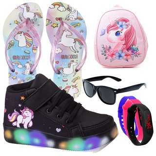 Kit Tênis Infantil Para Meninas Botinha De Led Cano Alto Unicórnio + Chinelo + Mochila + Óculos + Relógio