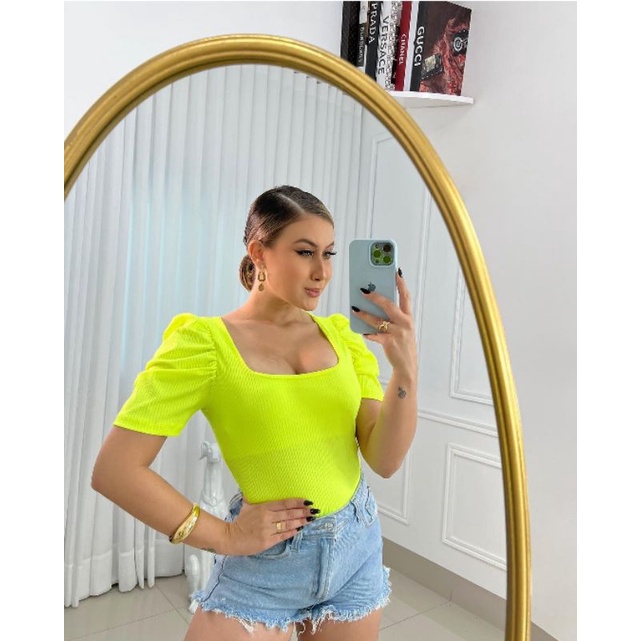 Blusa Feminina Manga Princesa Decote Quadrado Canelada Verão Tendência