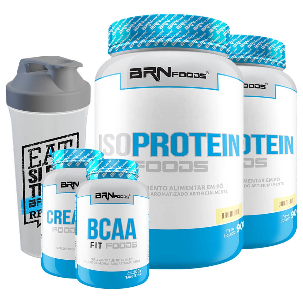 Kit 2x Whey Protein Isolado Iso Protein 900g + BCAA 100g + Creatina Monohidratada 100% Pura 100g + Coqueteleira 600ml - BRN FOODS