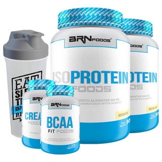 Kit 2x Whey Protein Isolado Iso Protein 900g + BCAA 100g + Creatina Monohidratada 100% Pura 100g + Coqueteleira 600ml - BRN FOODS