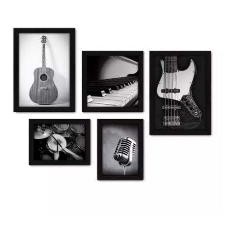 Kit Com 5 Quadros Decorativos - Instrumentos Musicais - Música - Escola de Música Visu = 7